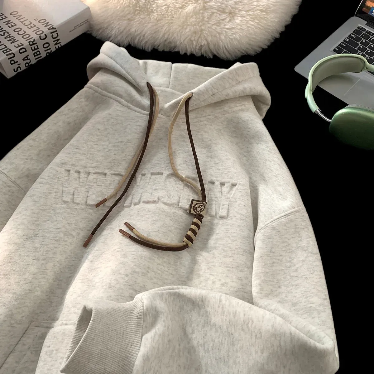 Aidase Men Women Hoodies Embossed Letters Casual Hooded Sweatshirt Basic Colours Drawstring Clash Hoodie Loose Comfortable