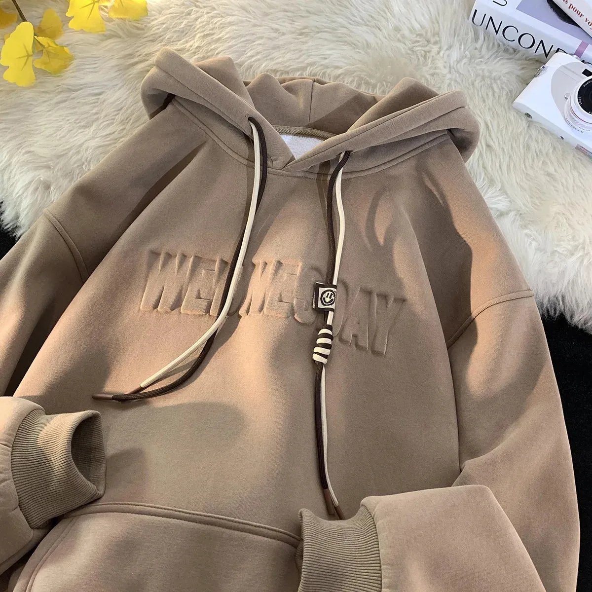 Aidase Men Women Hoodies Embossed Letters Casual Hooded Sweatshirt Basic Colours Drawstring Clash Hoodie Loose Comfortable