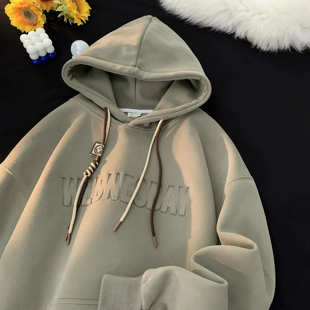 Aidase Men Women Hoodies Embossed Letters Casual Hooded Sweatshirt Basic Colours Drawstring Clash Hoodie Loose Comfortable