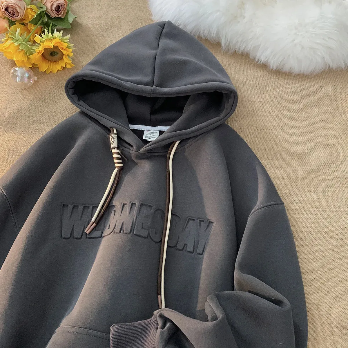 Aidase Men Women Hoodies Embossed Letters Casual Hooded Sweatshirt Basic Colours Drawstring Clash Hoodie Loose Comfortable