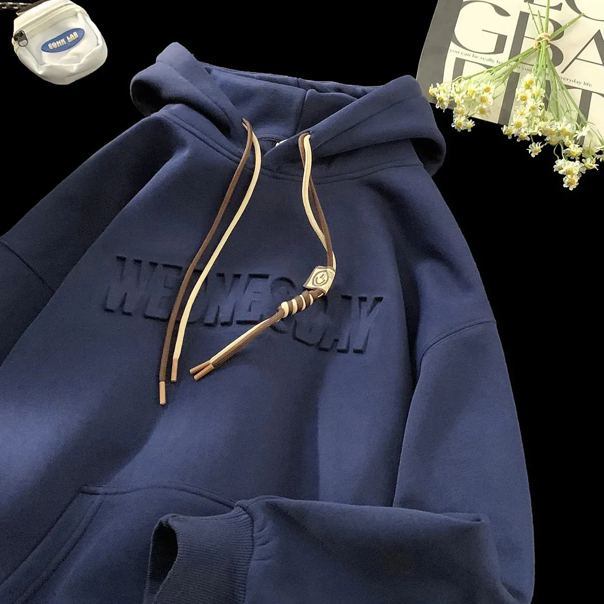 Aidase Men Women Hoodies Embossed Letters Casual Hooded Sweatshirt Basic Colours Drawstring Clash Hoodie Loose Comfortable