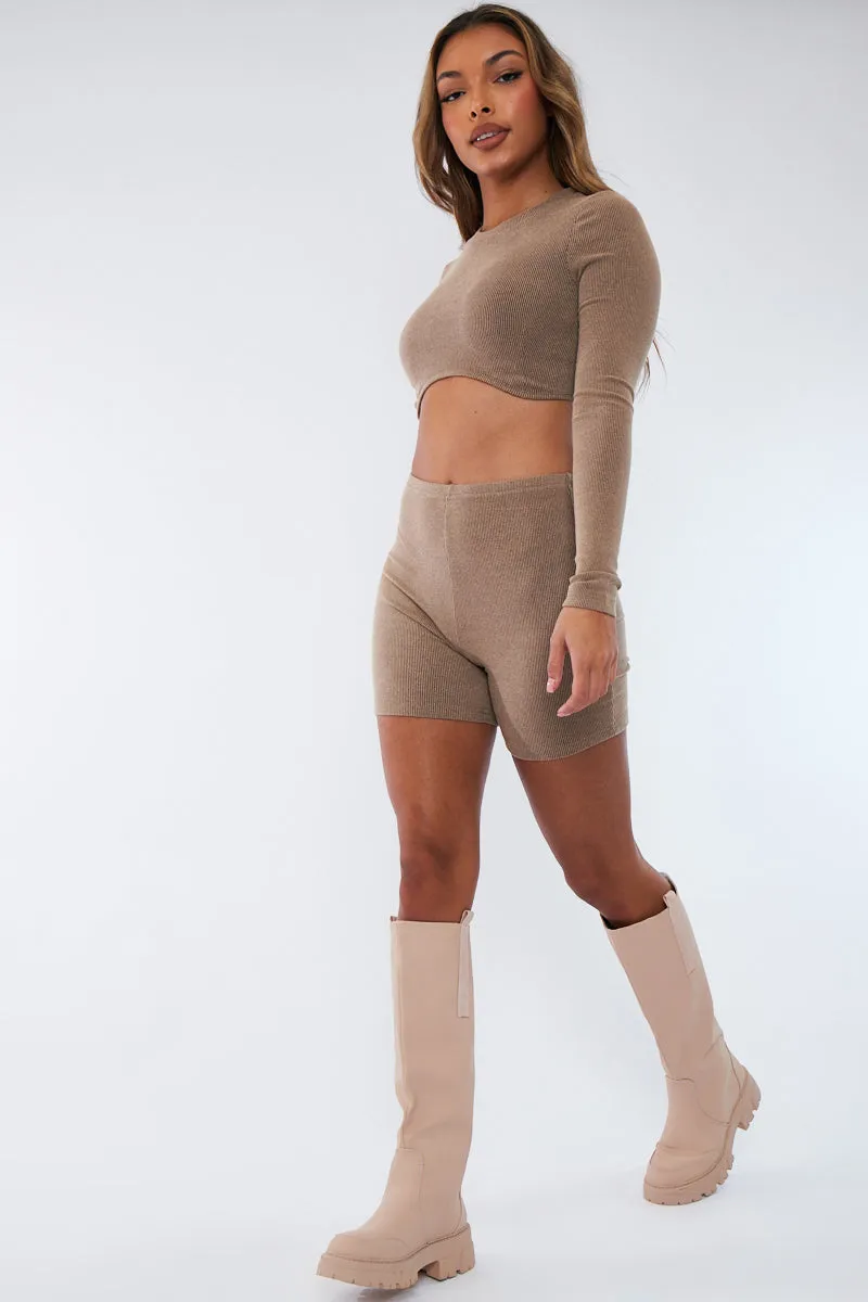 Beige Rib Crop Top & Shorts Set - Zoe