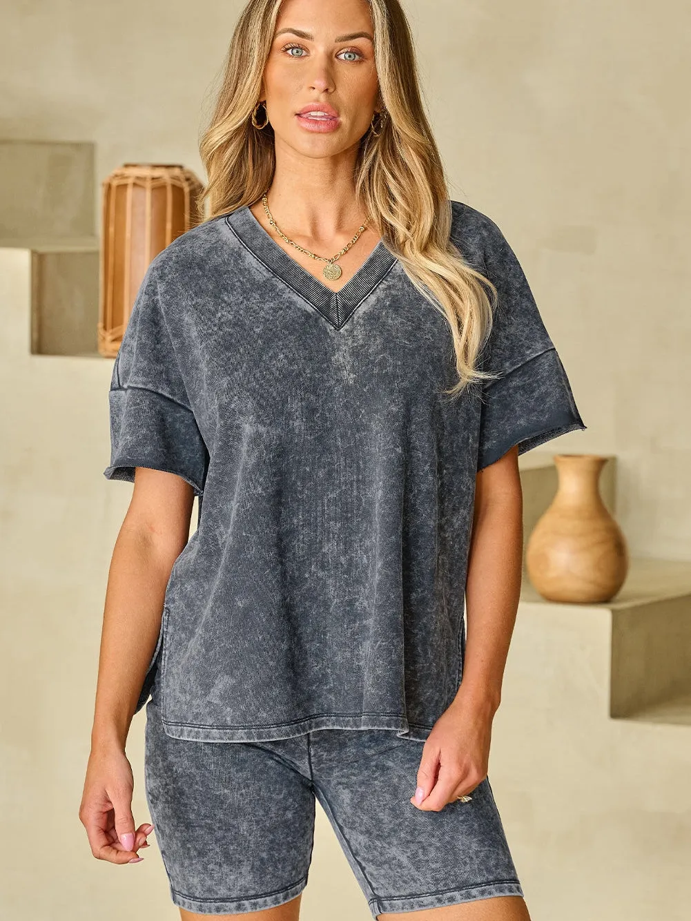 Black Acid Washed Loungewear Set with V-Neck T-Shirt and Skinny Shorts