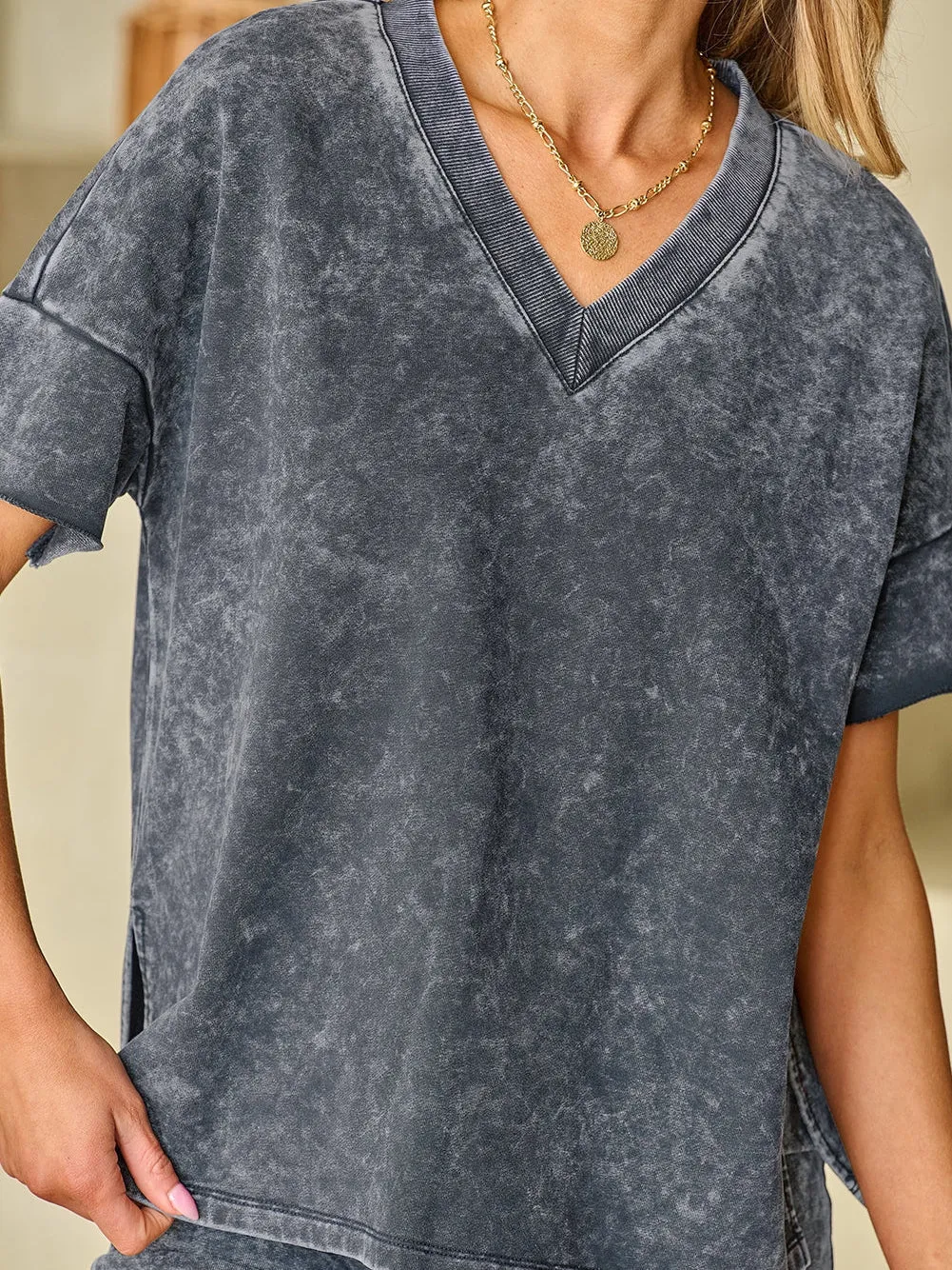 Black Acid Washed Loungewear Set with V-Neck T-Shirt and Skinny Shorts