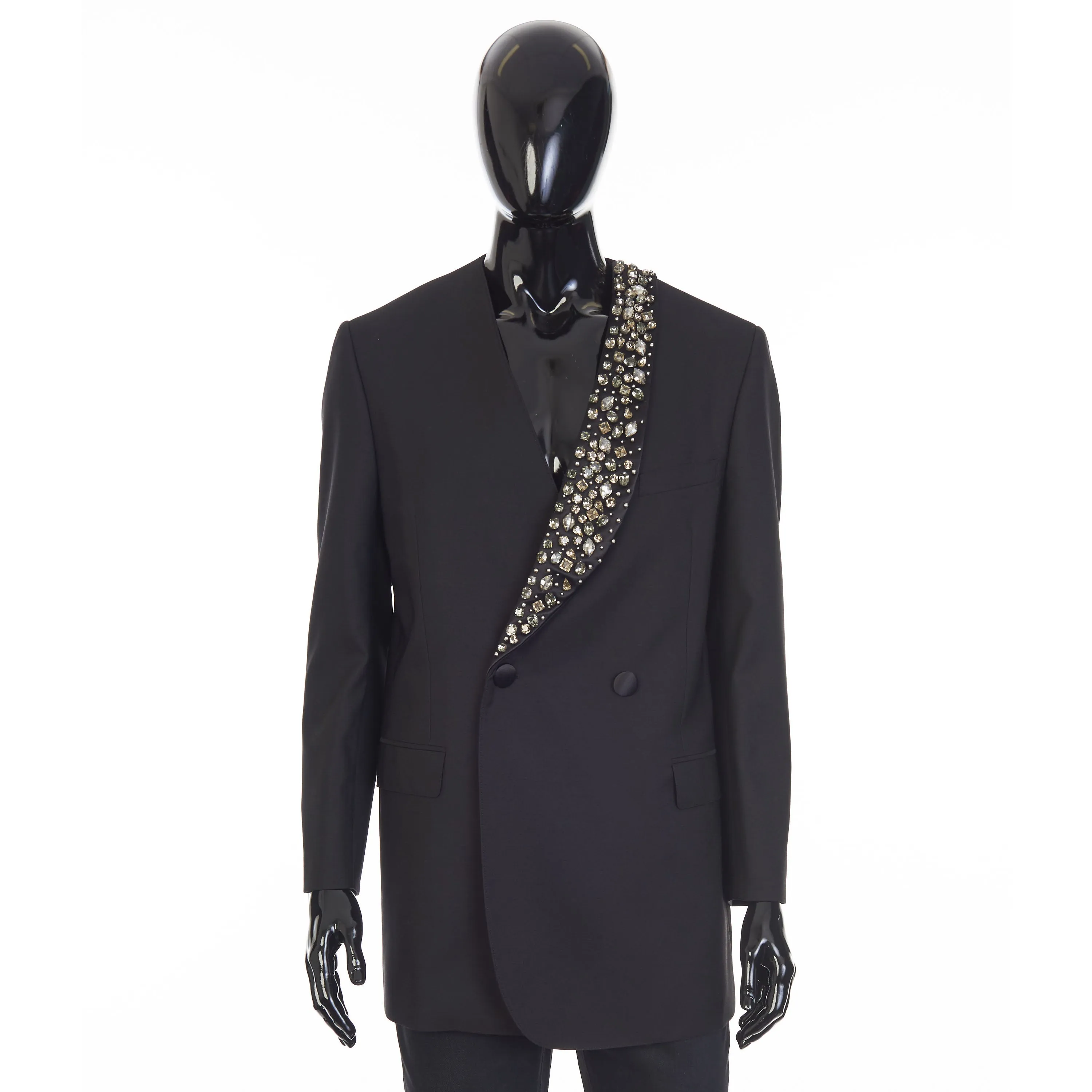 Black Boxy Tux Jacket - Stone/Stud Embroidery, Grain De Poudre Wool