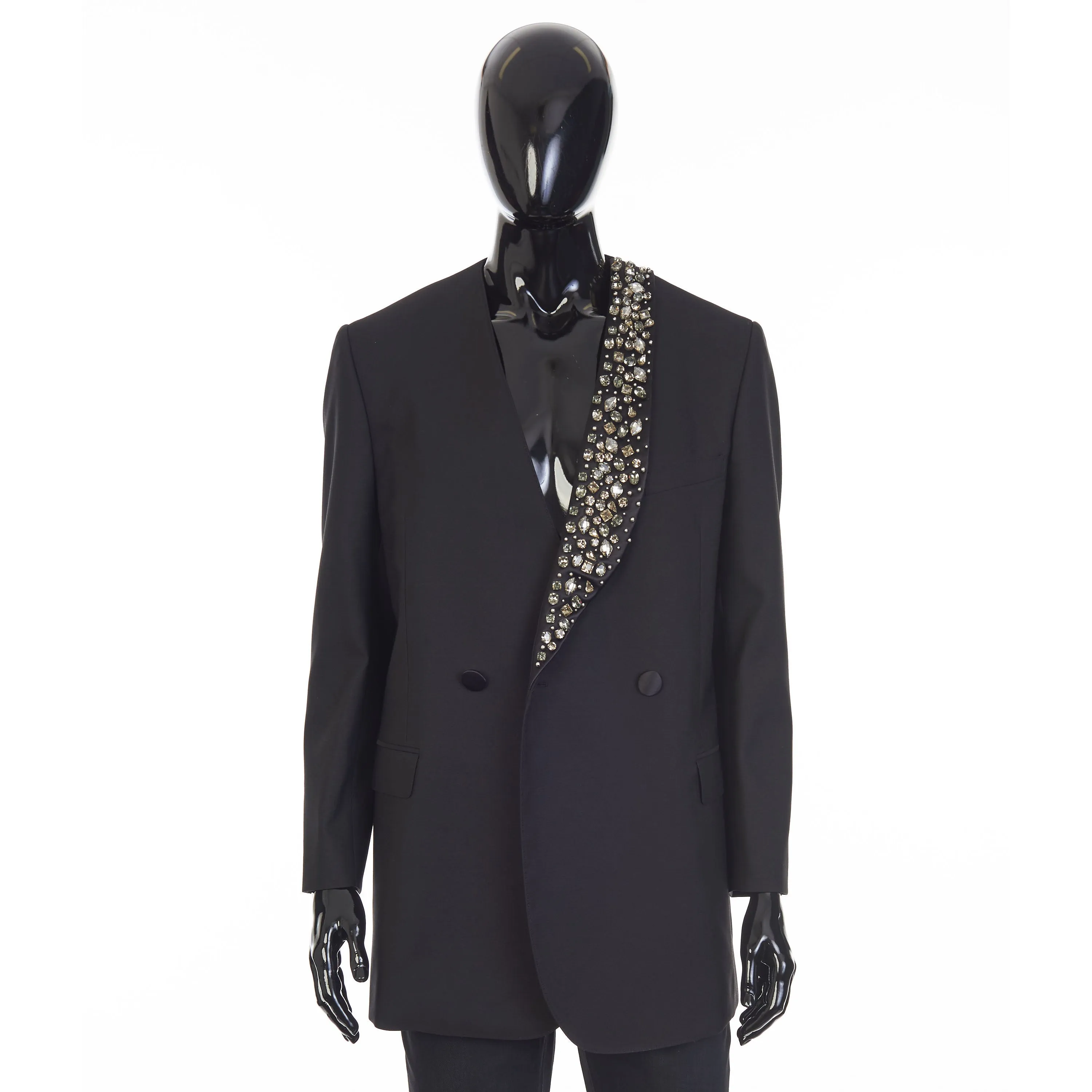 Black Boxy Tux Jacket - Stone/Stud Embroidery, Grain De Poudre Wool