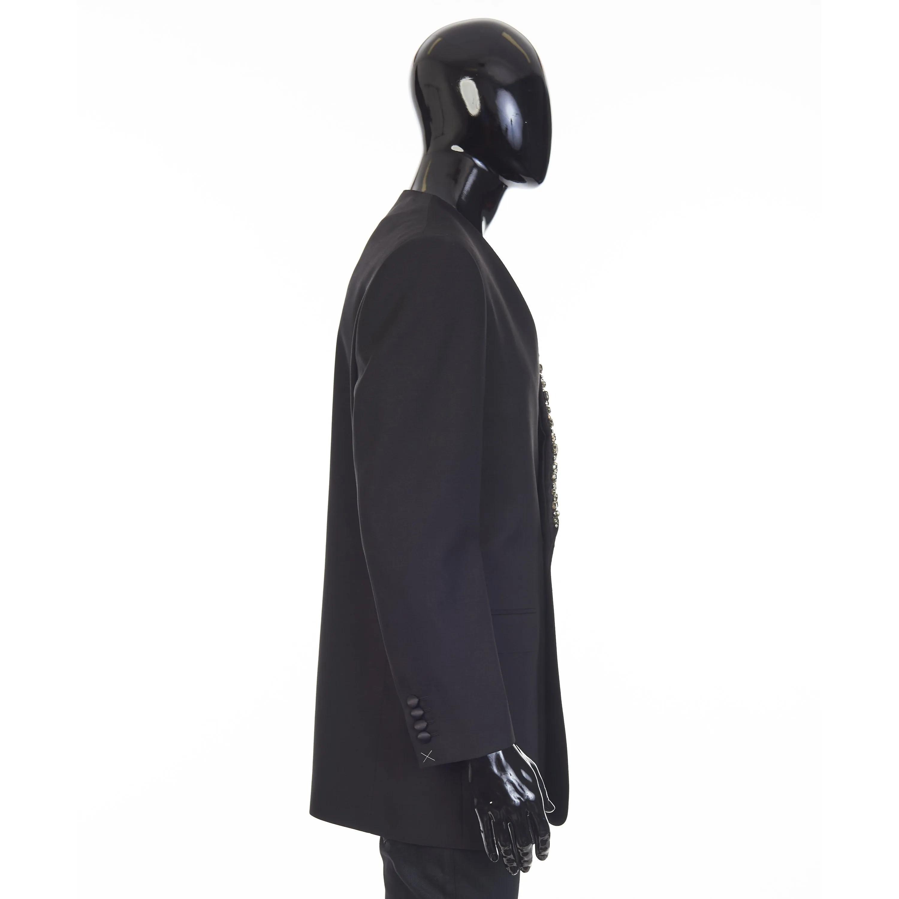 Black Boxy Tux Jacket - Stone/Stud Embroidery, Grain De Poudre Wool