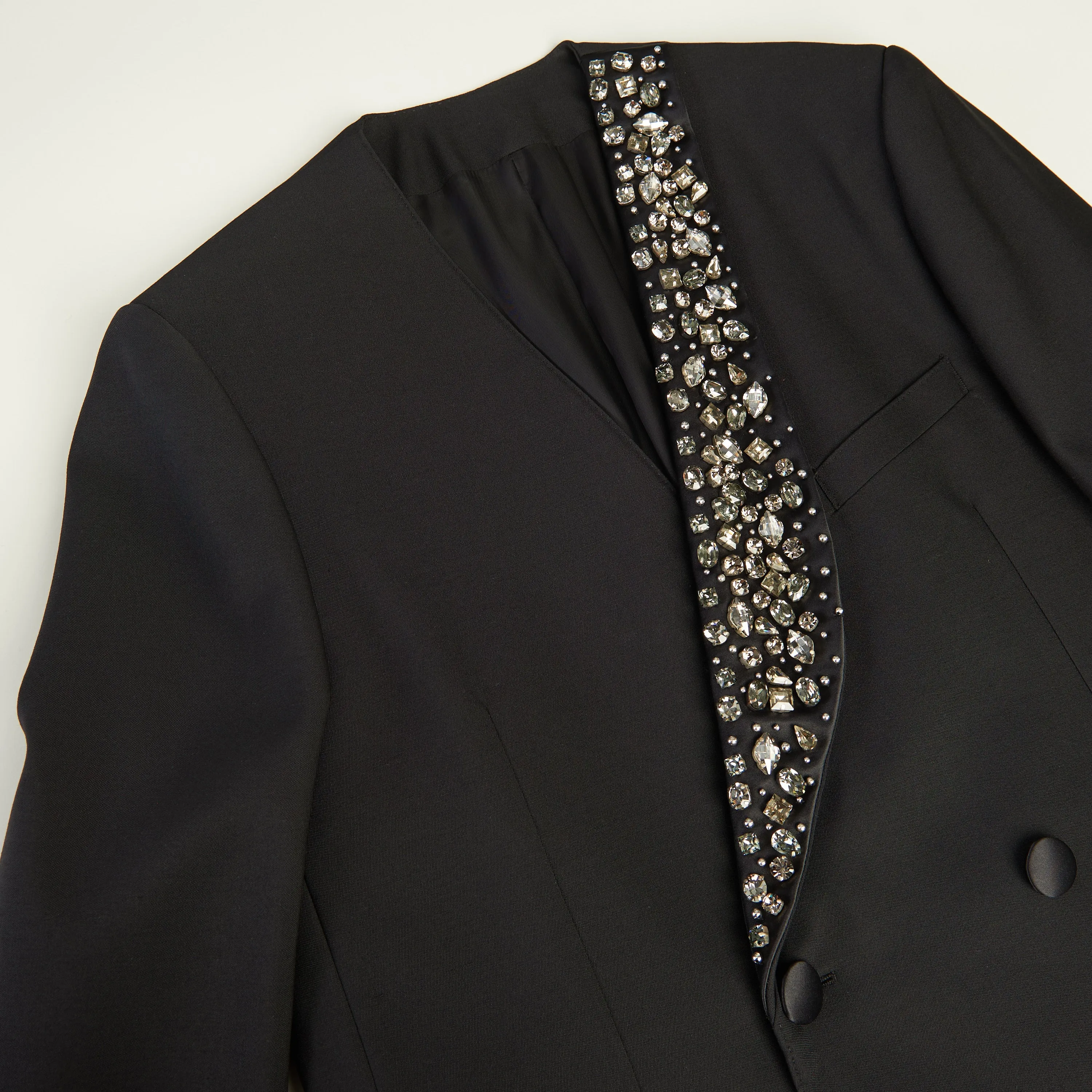 Black Boxy Tux Jacket - Stone/Stud Embroidery, Grain De Poudre Wool