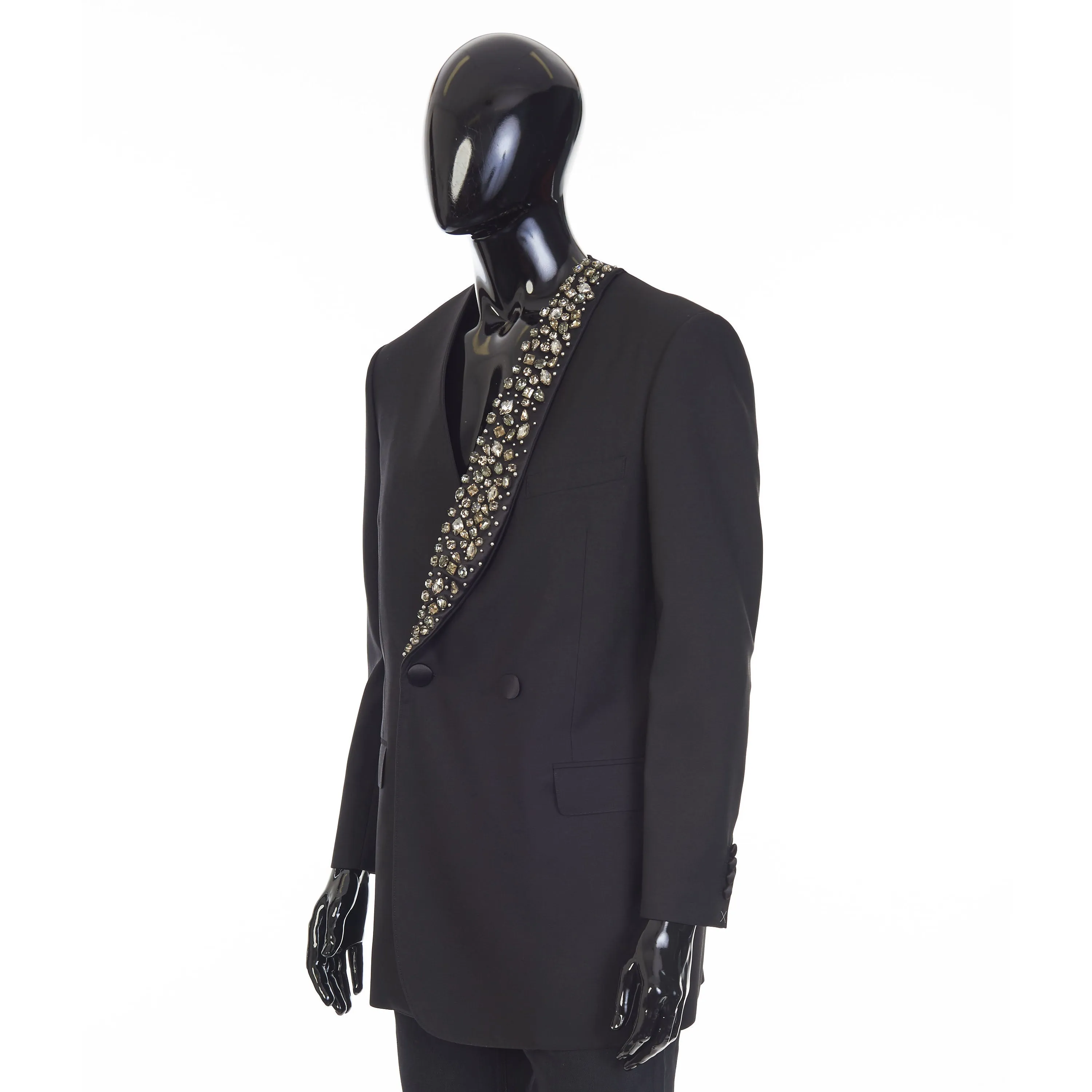 Black Boxy Tux Jacket - Stone/Stud Embroidery, Grain De Poudre Wool