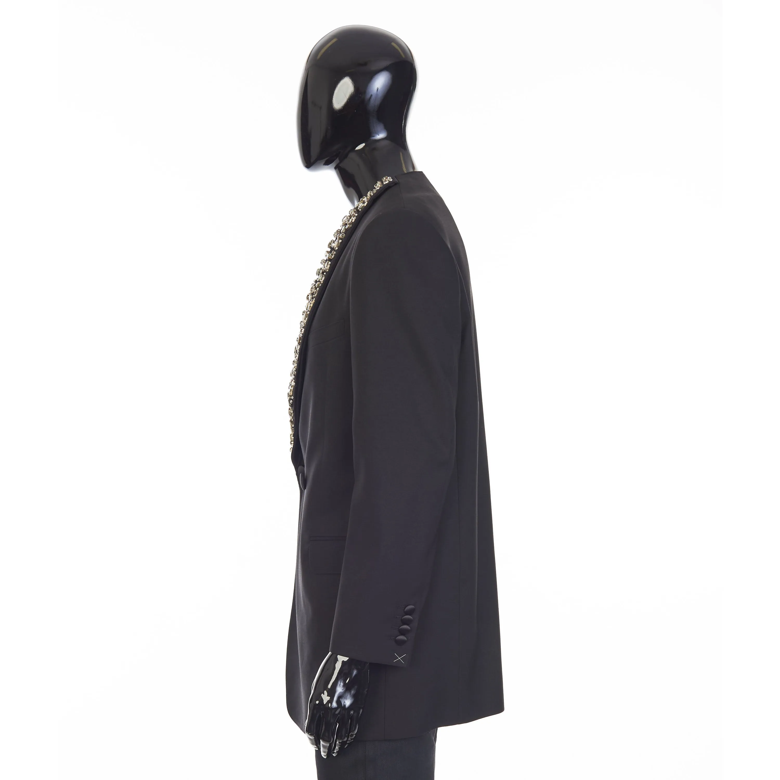 Black Boxy Tux Jacket - Stone/Stud Embroidery, Grain De Poudre Wool