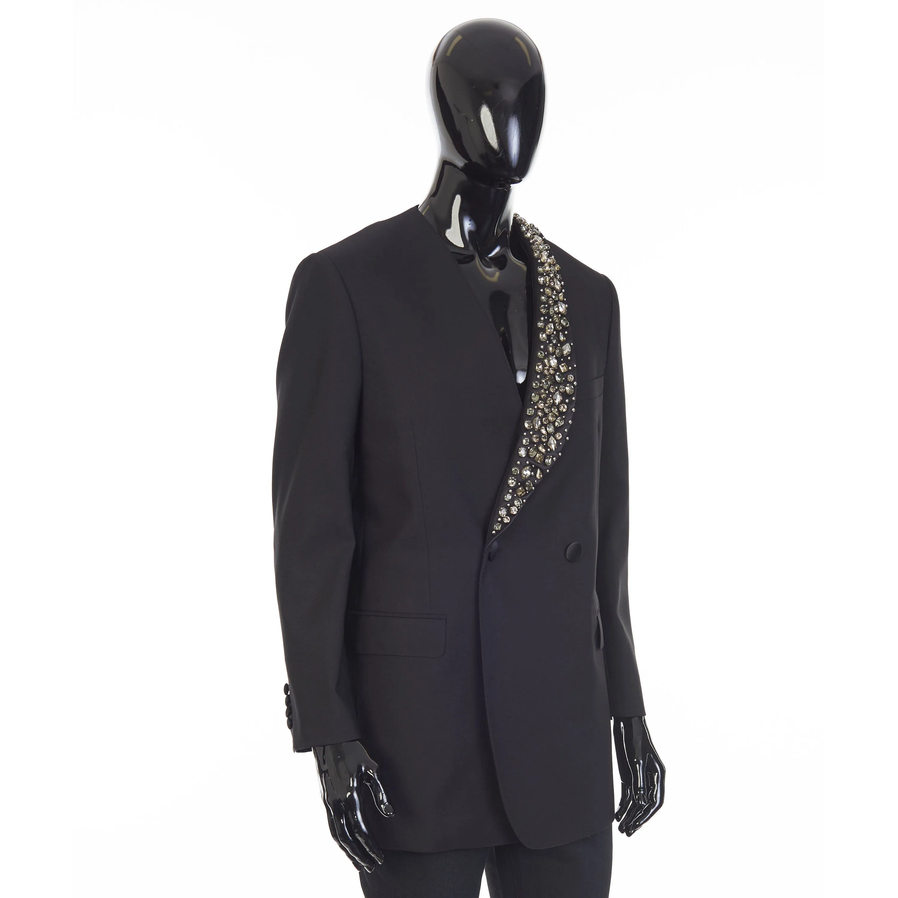 Black Boxy Tux Jacket - Stone/Stud Embroidery, Grain De Poudre Wool