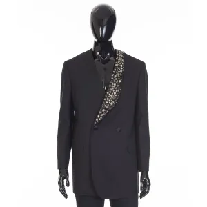 Black Boxy Tux Jacket - Stone/Stud Embroidery, Grain De Poudre Wool