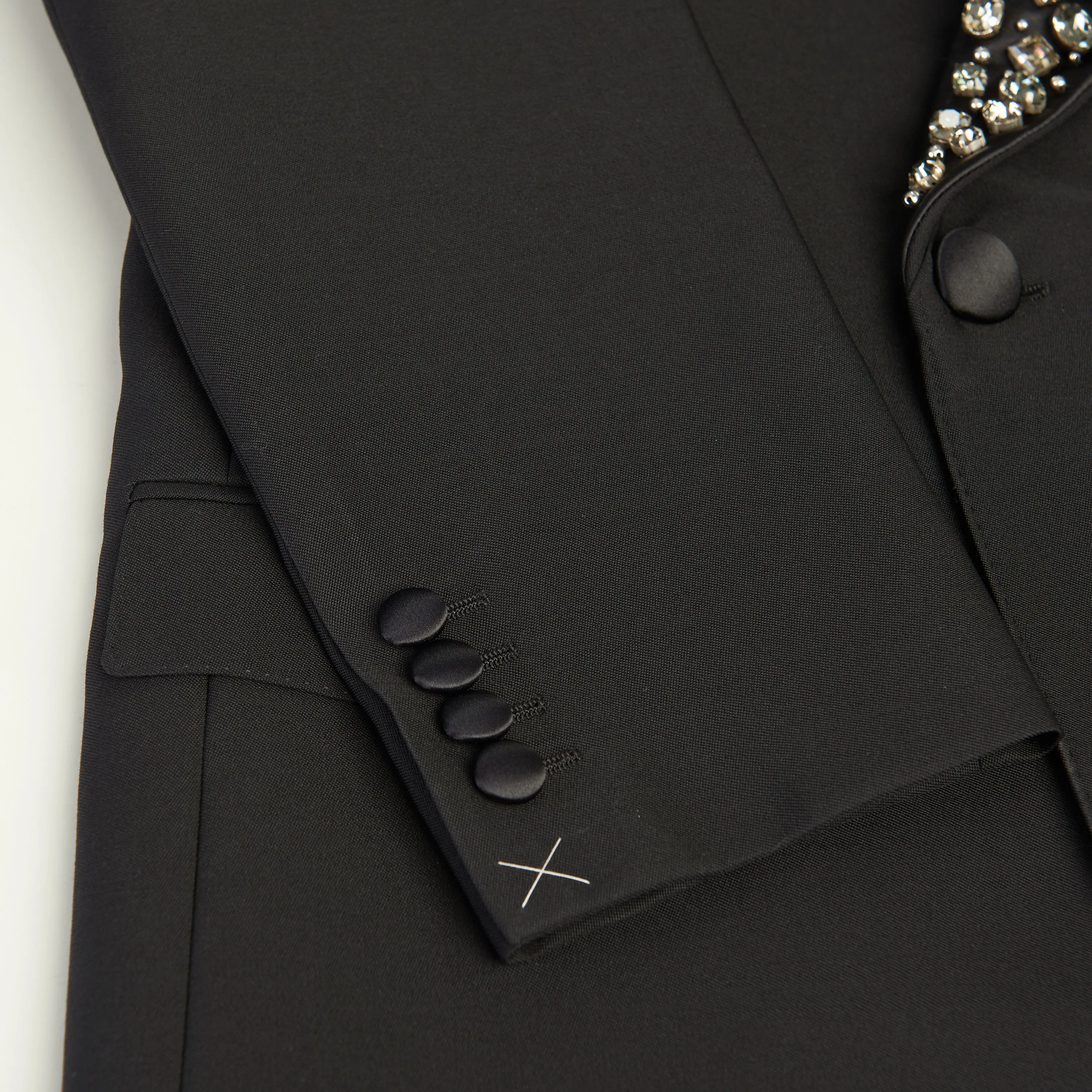 Black Boxy Tux Jacket - Stone/Stud Embroidery, Grain De Poudre Wool