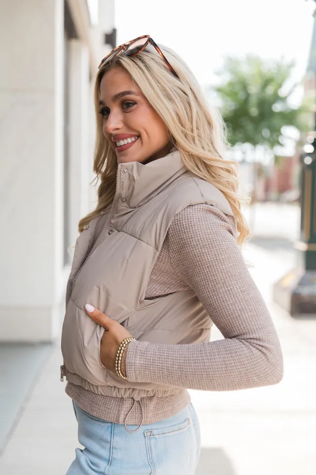 Bunny Slopes Taupe Soft Coated Cropped Puffer Vest SALE