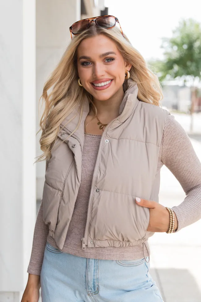 Bunny Slopes Taupe Soft Coated Cropped Puffer Vest SALE