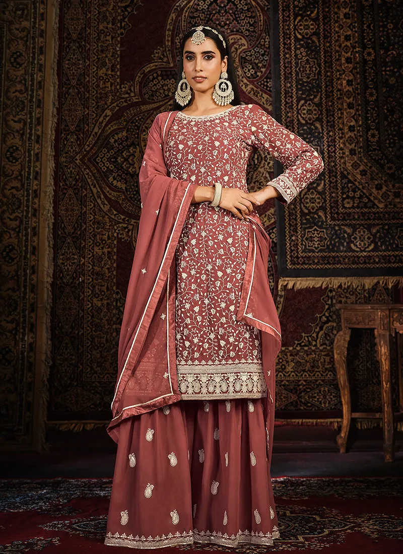 Burnt Red Sequence Embroidery Traditional Gharara Suit