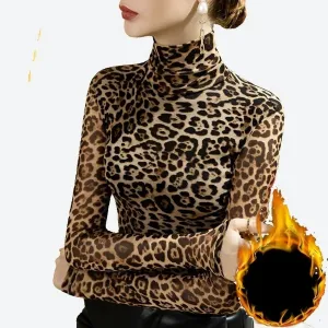 Chic Leopard Print Turtleneck Tops