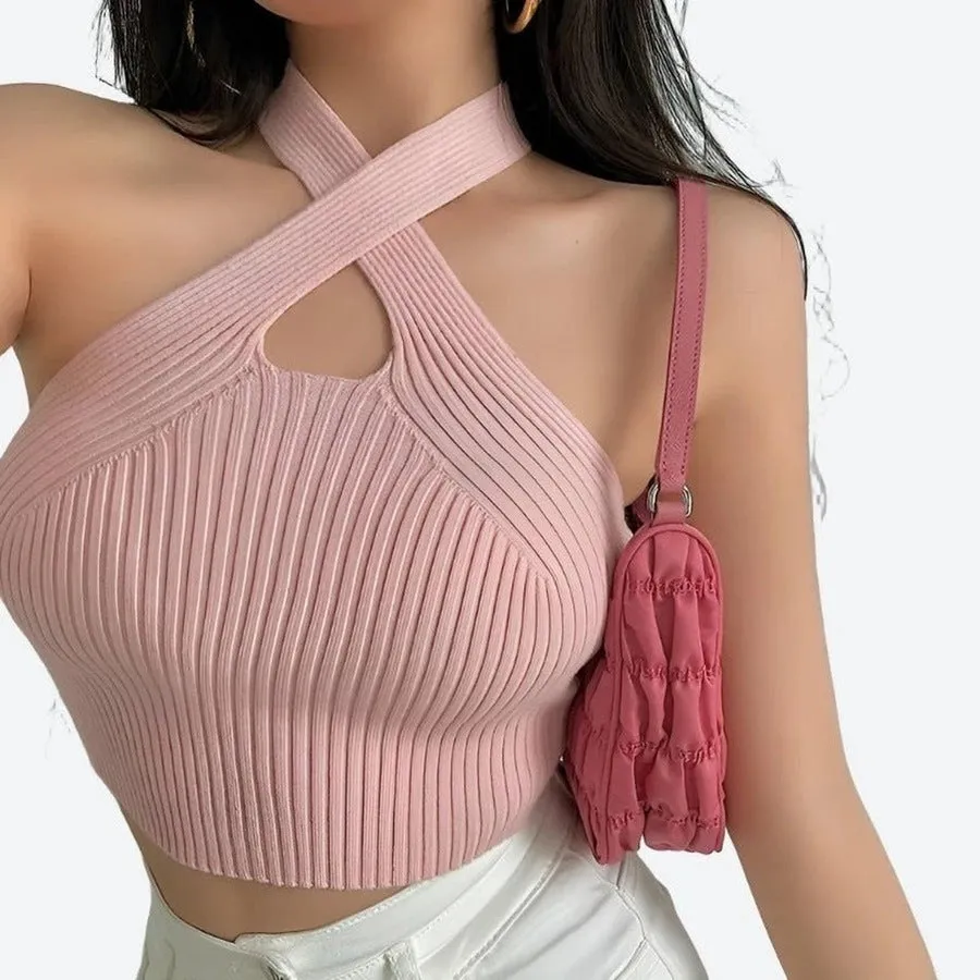 Chic Ribbed Cross-Strap Halter Tops