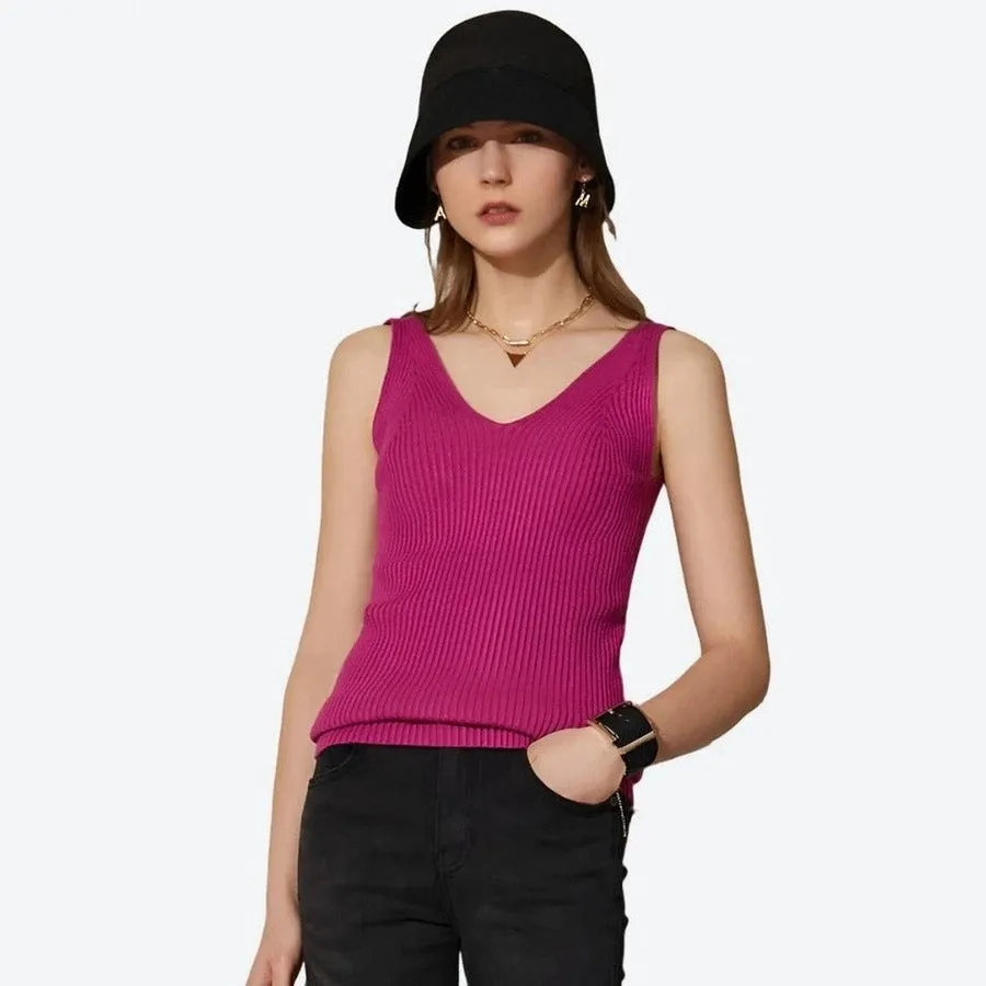 Chic Ribbed Knit Sleeveless V-Neck Tops