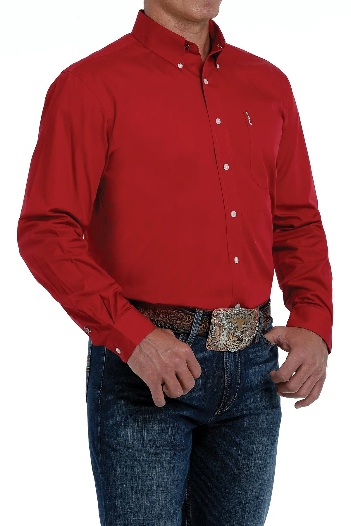 Cinch Mens Modern Fit Long Sleeve Button-Down Solid Print - Red MTW1347022