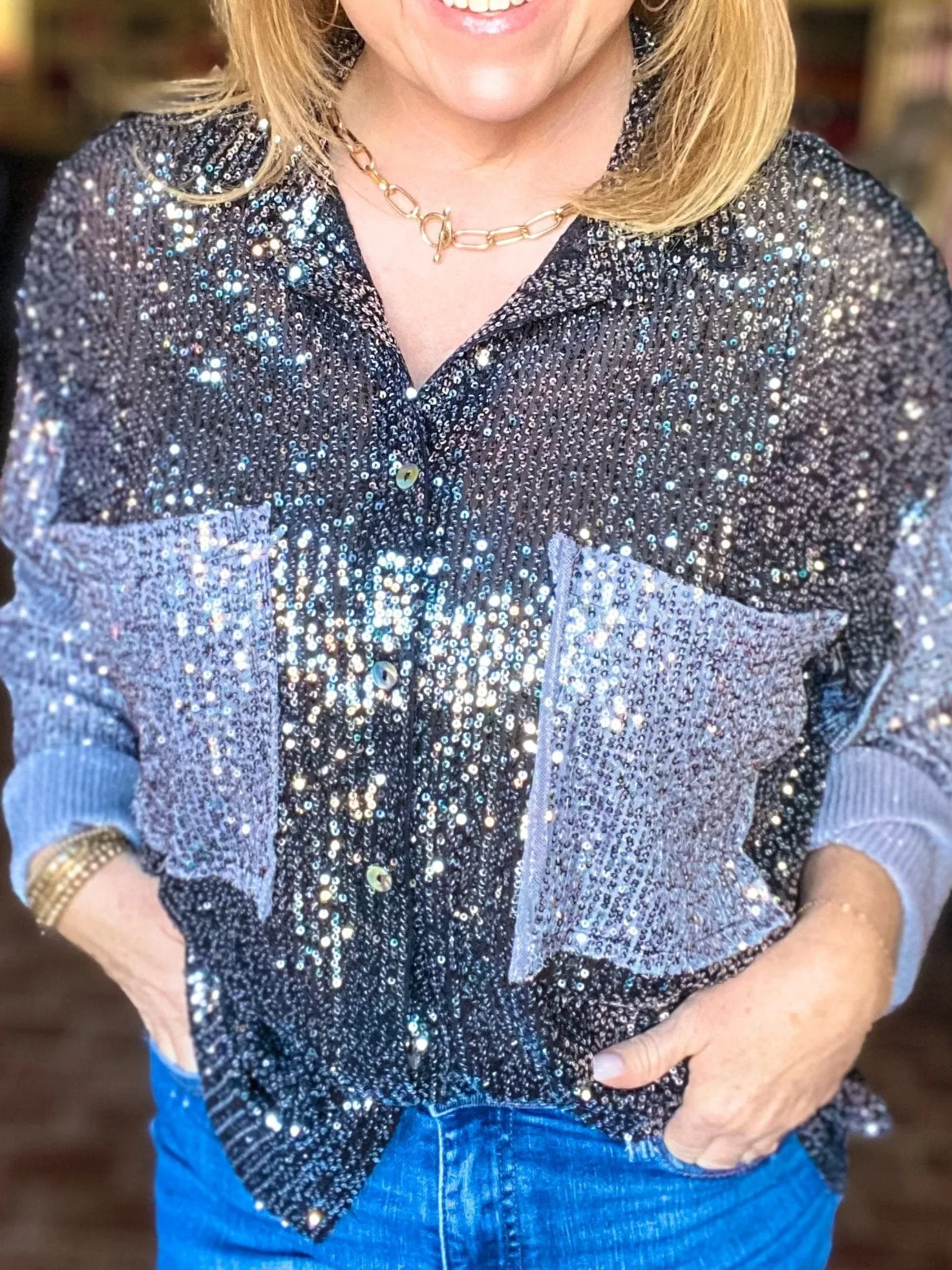 Color Block Sequin Blouse- Black/Gray