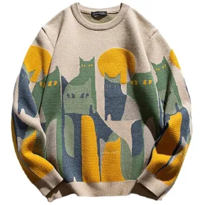 Colorful Cat Print Causal Loose Sweater