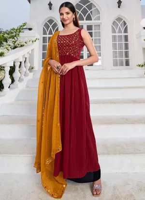 Deep Red Embroidery High Slit Anarkali Suit