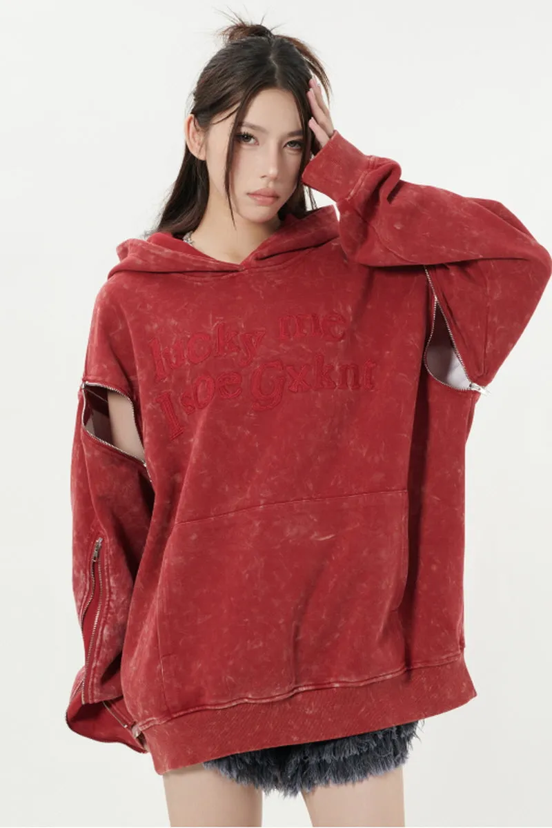 Distressed Lettering Detachable Sleeve Hoodie