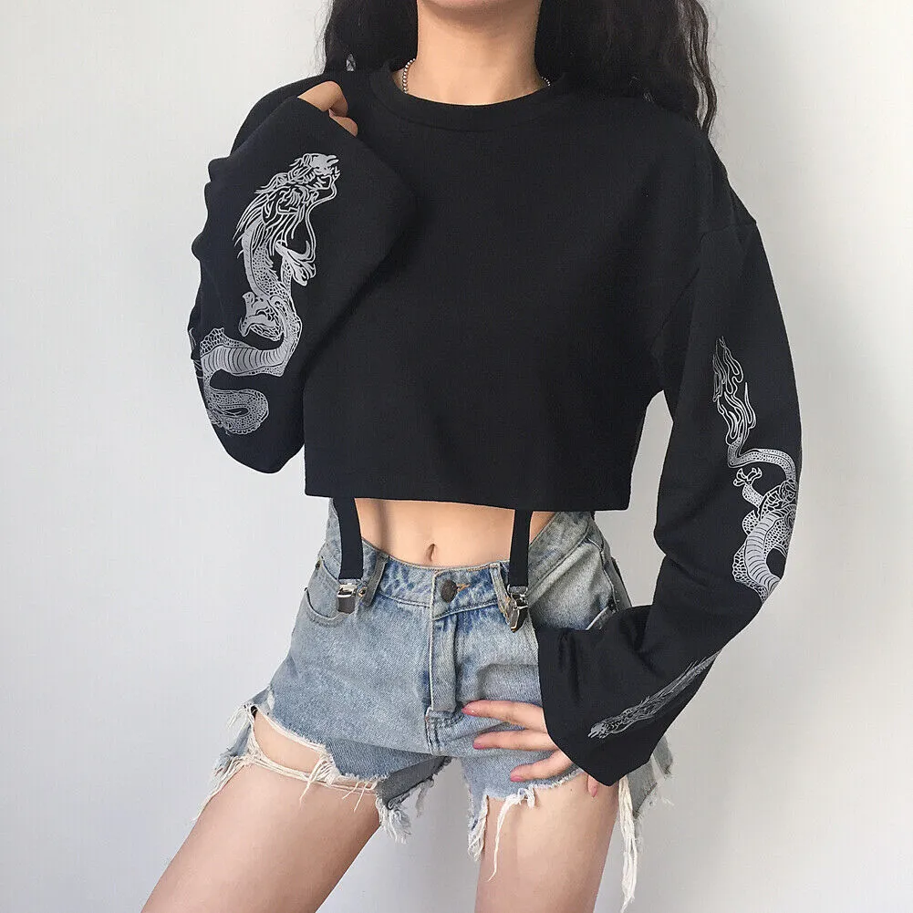 Dragon Print Crop Top Sweatshirt - Street Style Chic