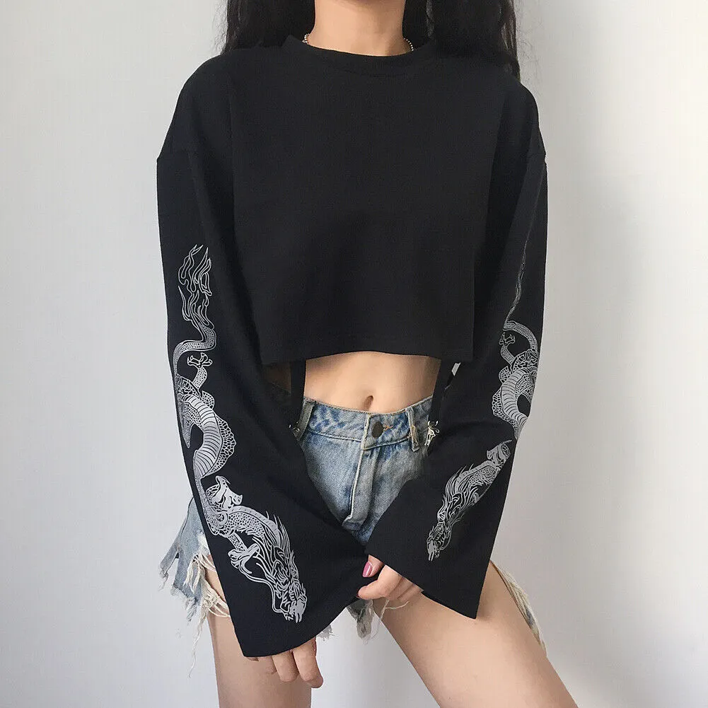 Dragon Print Crop Top Sweatshirt - Street Style Chic