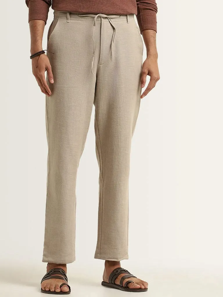 ETA Beige Self-Patterned Cotton Relaxed Fit Chinos