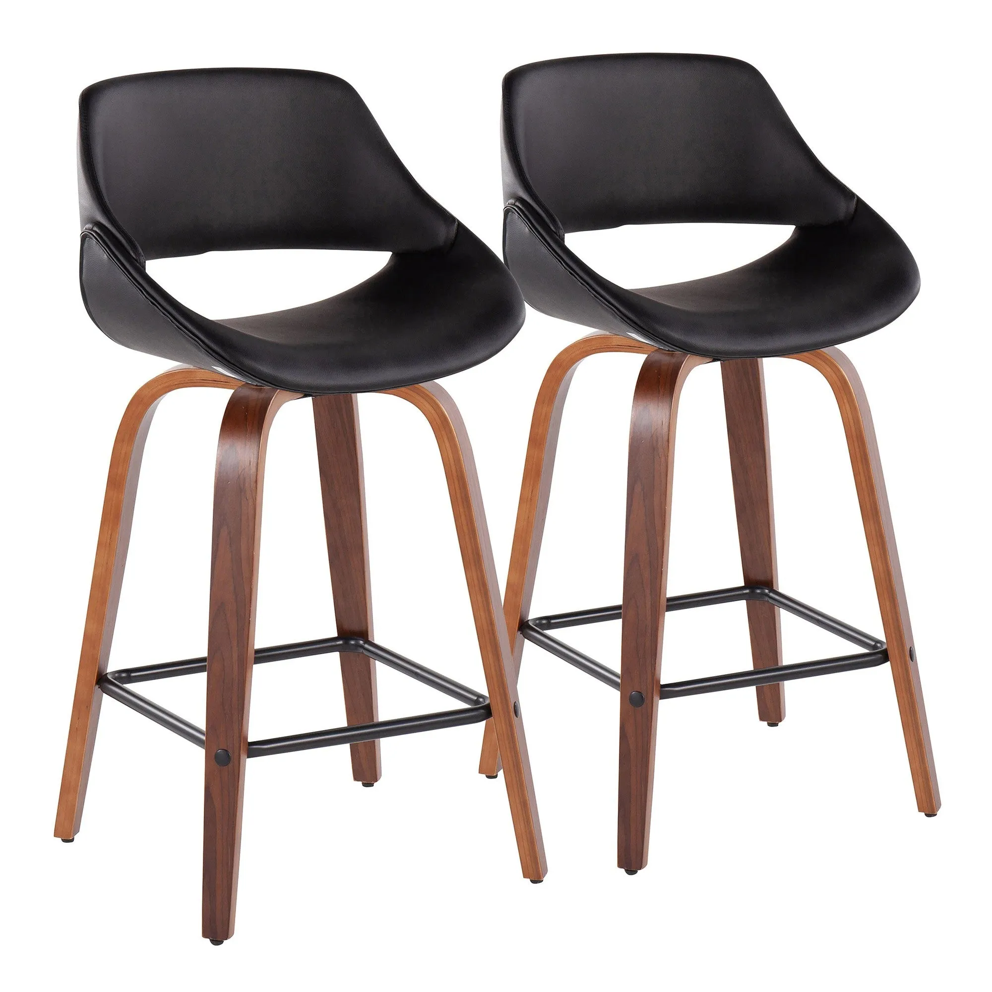 Fabrico Mid-Century Modern Fixed-Height Counter Stool in Walnut Wood with Square Black Footrest and Black Faux Leather by LumiSource - Set of 2