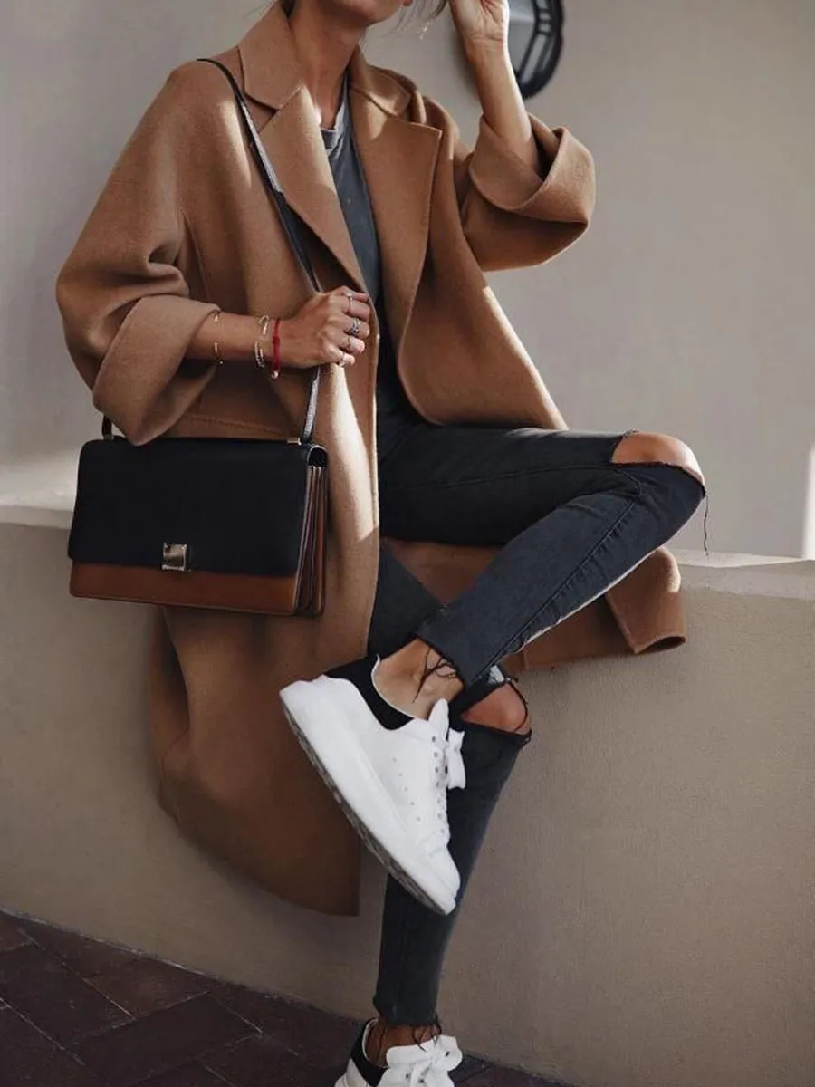 Fashion Casual Solid Color Long Sleeve Lapel Mid-length Coat