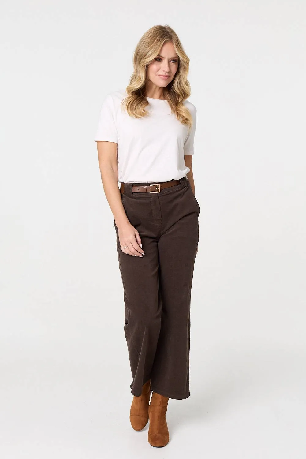 Faux Leather Belt Corduroy Trousers