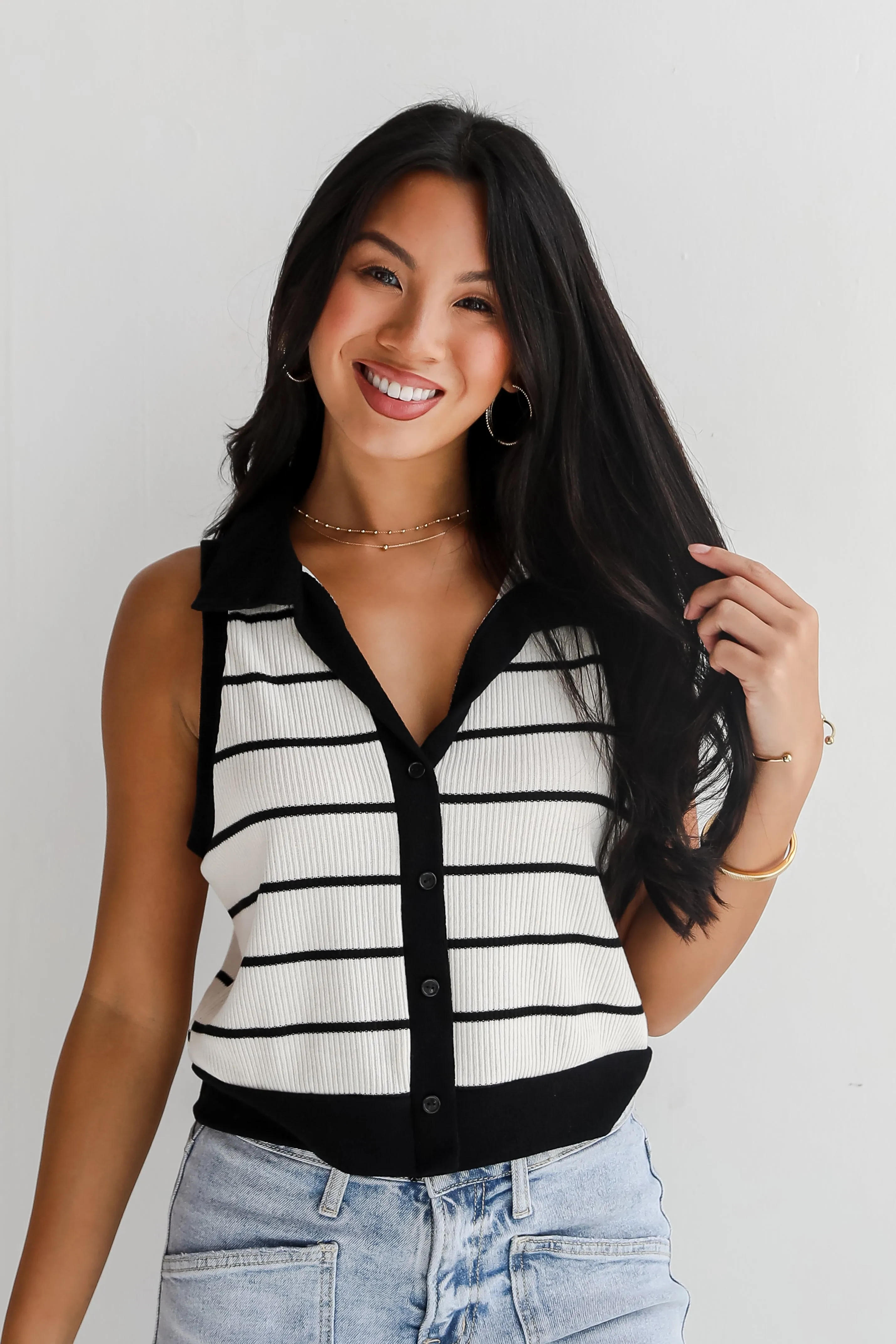 FINAL SALE - Novel Poise Cream Striped Collared Knit Tank