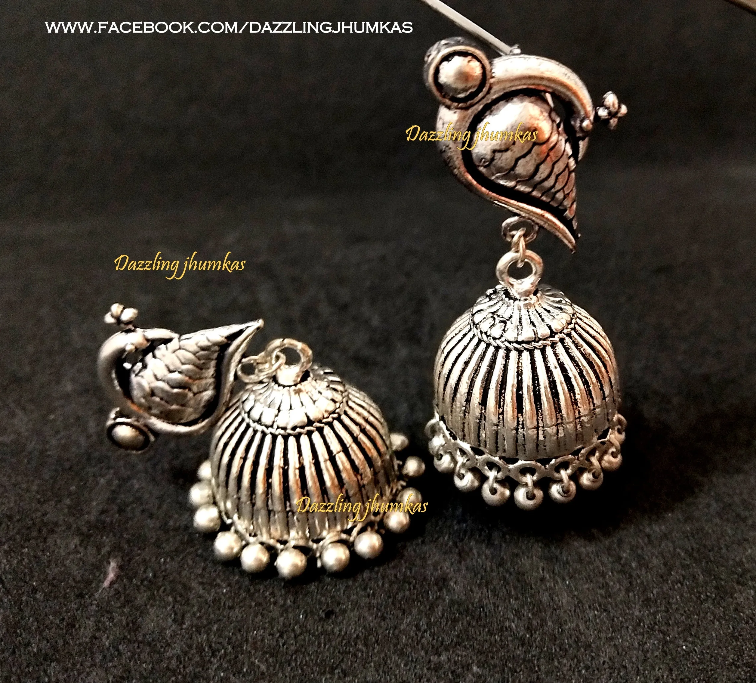 German Silver Oxidised Jhumkas with Peacock stud