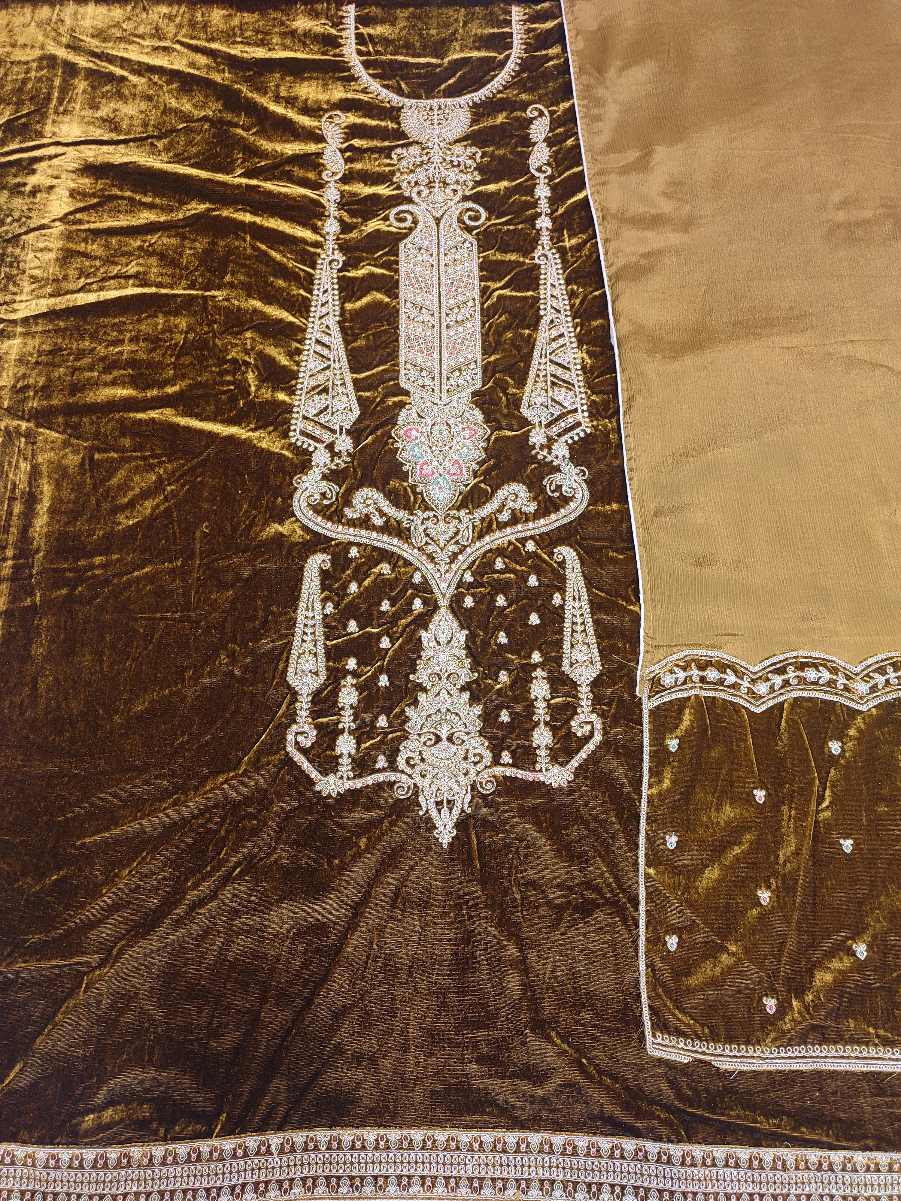 Golden Brown Unstitched Suit With Golden Embroidery