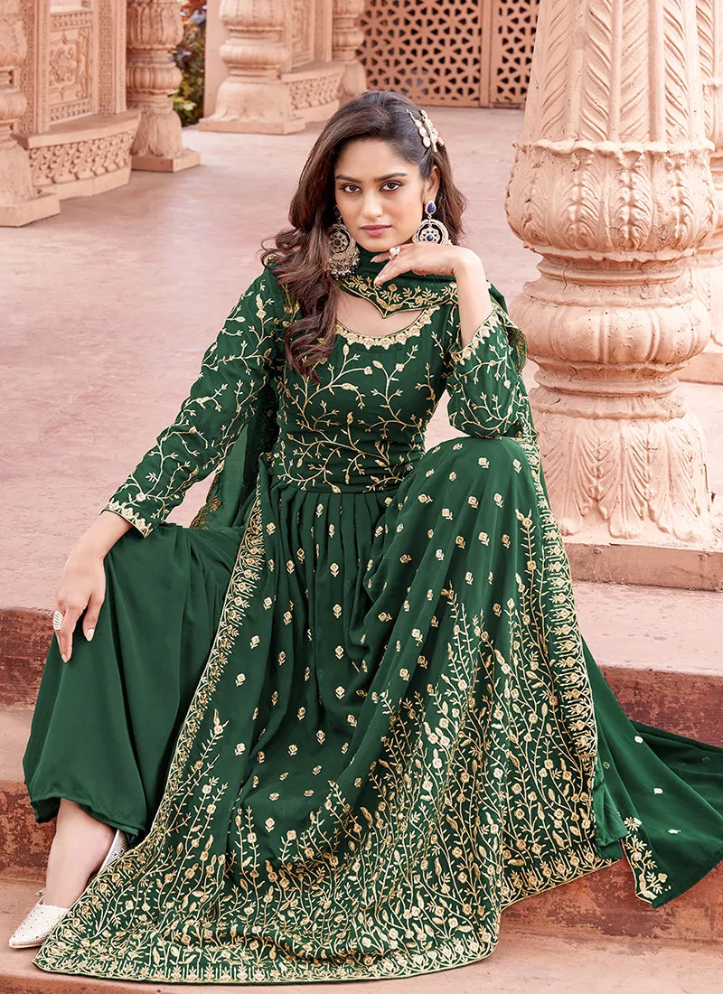 Green Embroidered Traditional High Slit Palazzo Suit