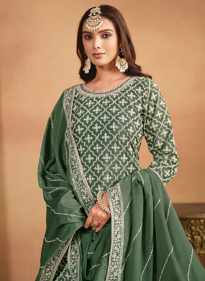 Green Multi Embroidery Festive Lehenga Kurti