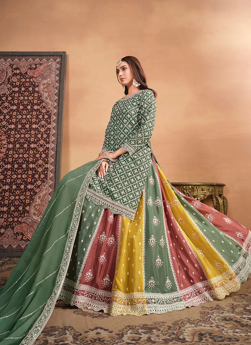 Green Multi Embroidery Festive Lehenga Kurti