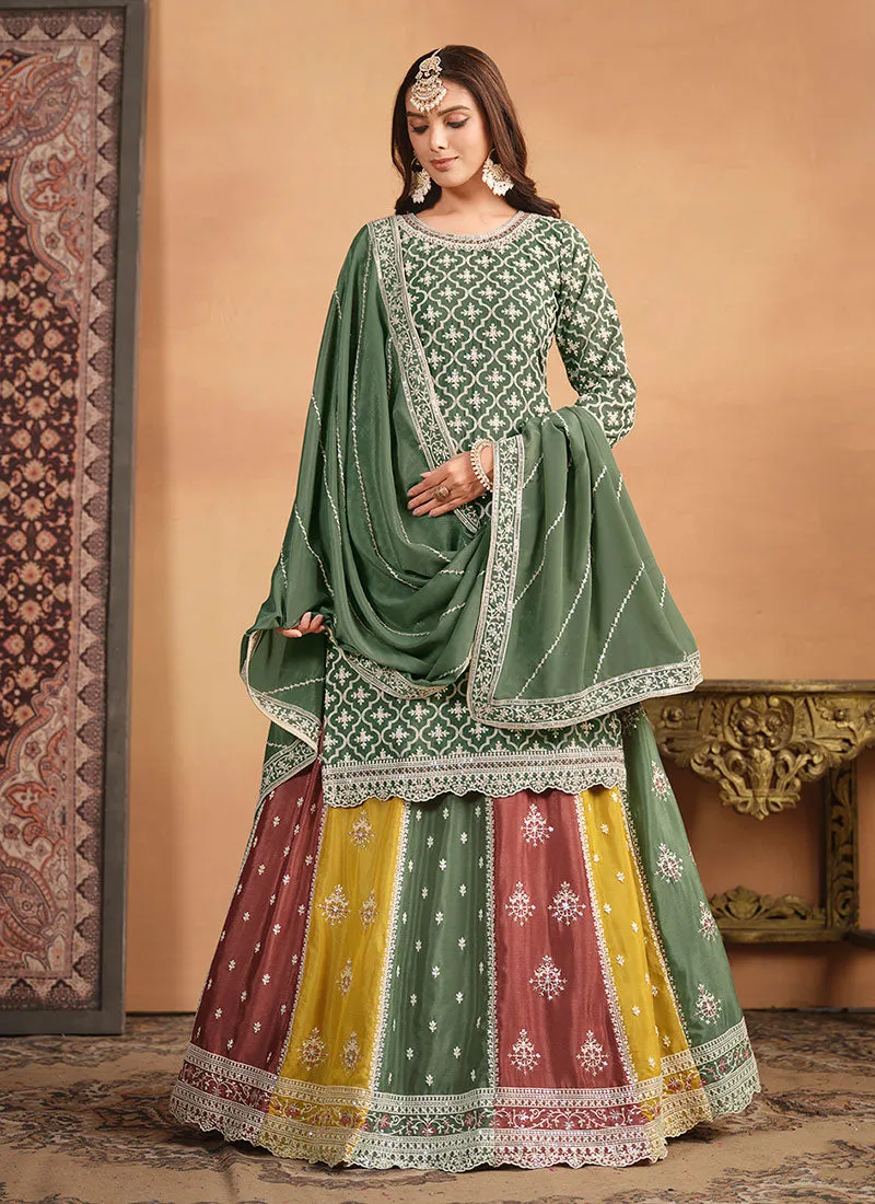 Green Multi Embroidery Festive Lehenga Kurti