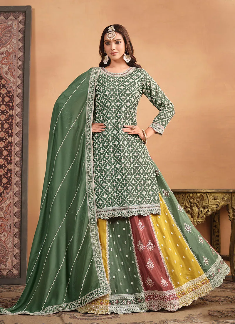 Green Multi Embroidery Festive Lehenga Kurti