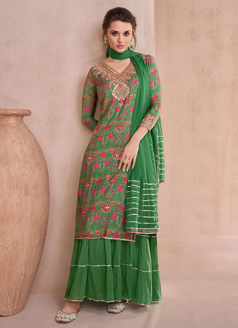 Green Multi Embroidery Printed Lehenga Kurti