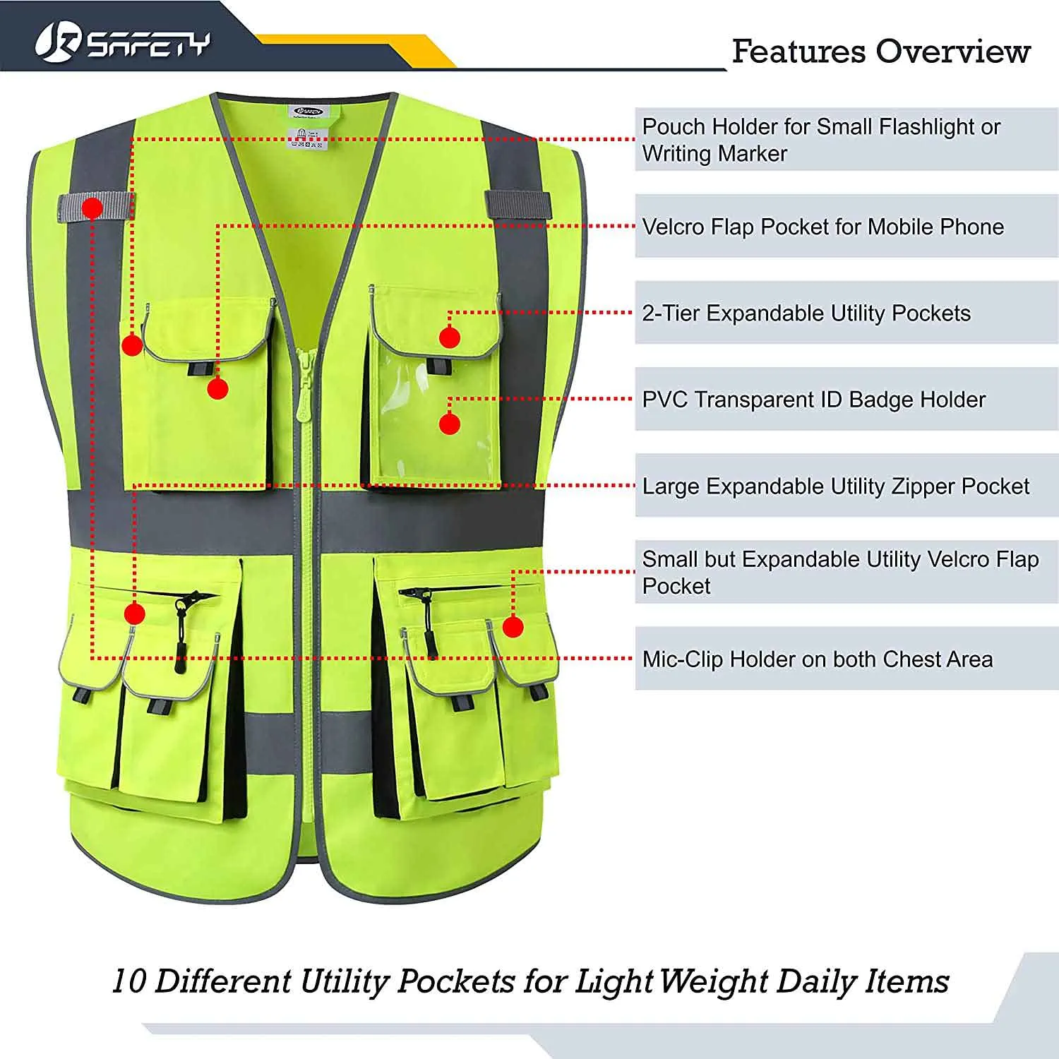 JKSafety 10 Pockets Hi-Vis Reflective Safety Vest (JK088)