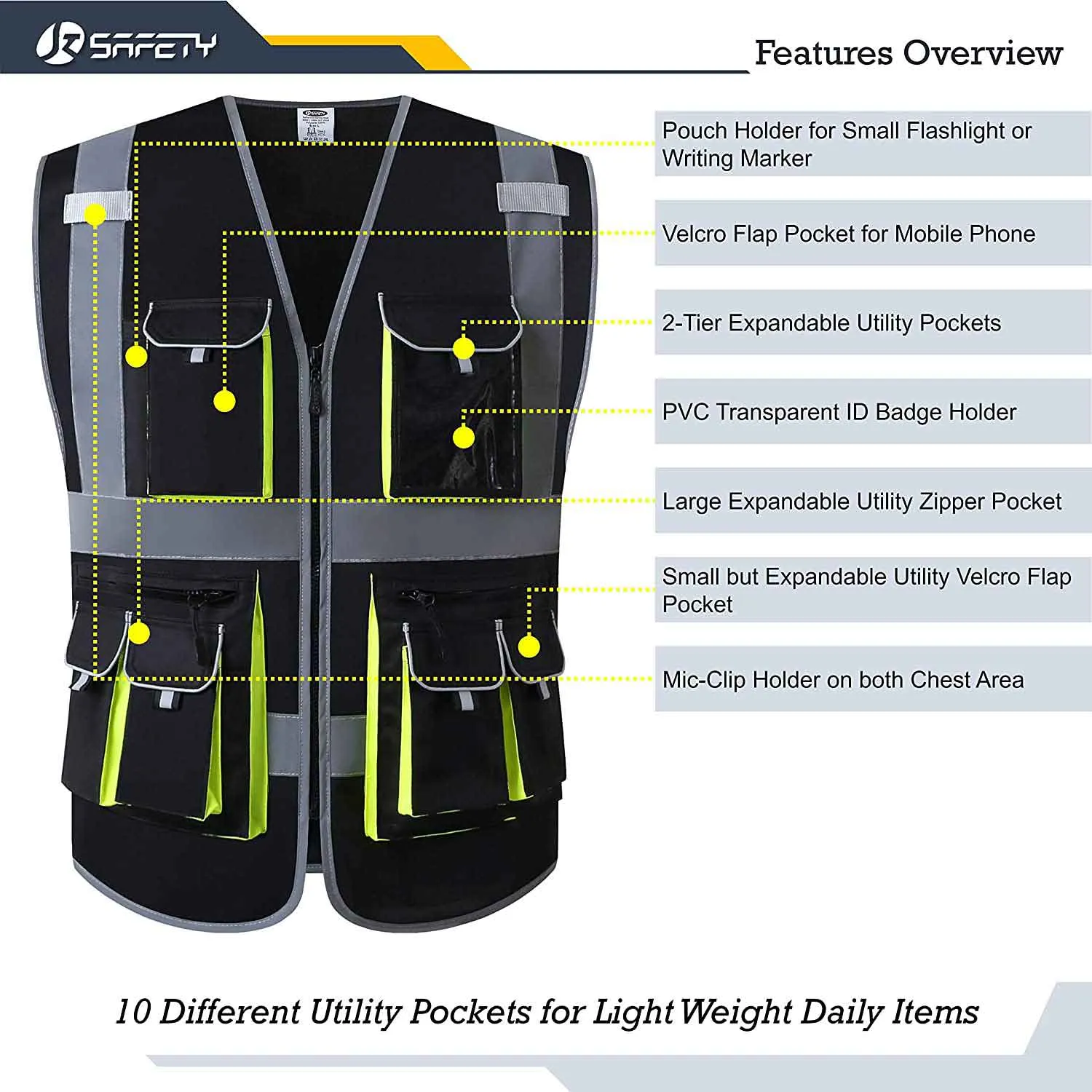 JKSafety 10 Pockets Hi-Vis Reflective Safety Vest (JK088)