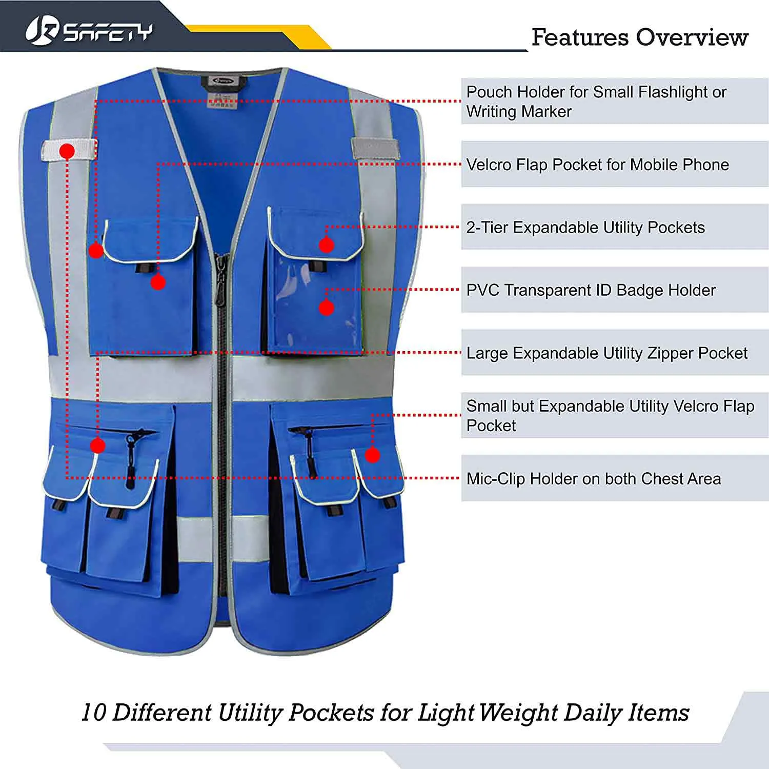 JKSafety 10 Pockets Hi-Vis Reflective Safety Vest (JK088)