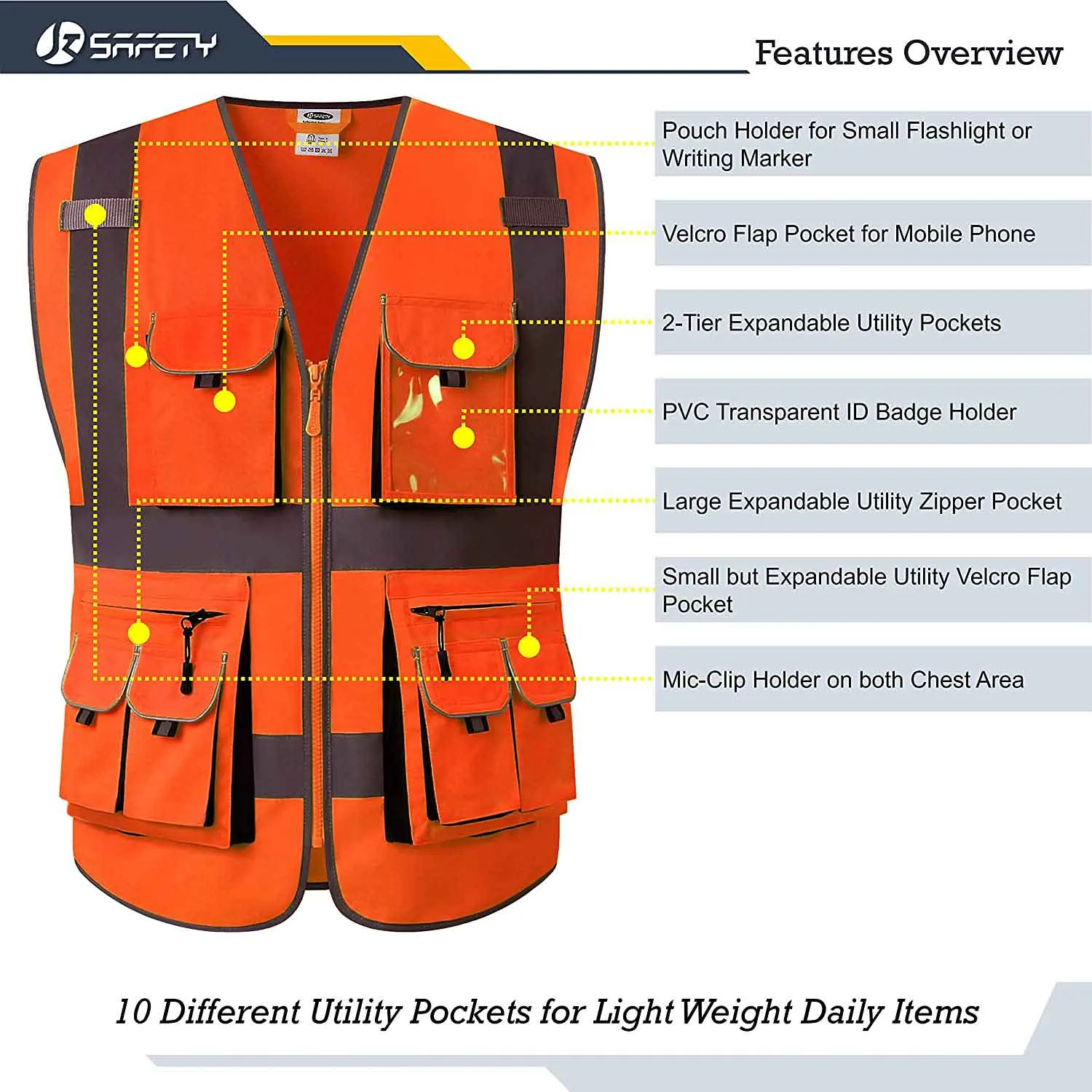 JKSafety 10 Pockets Hi-Vis Reflective Safety Vest (JK088)