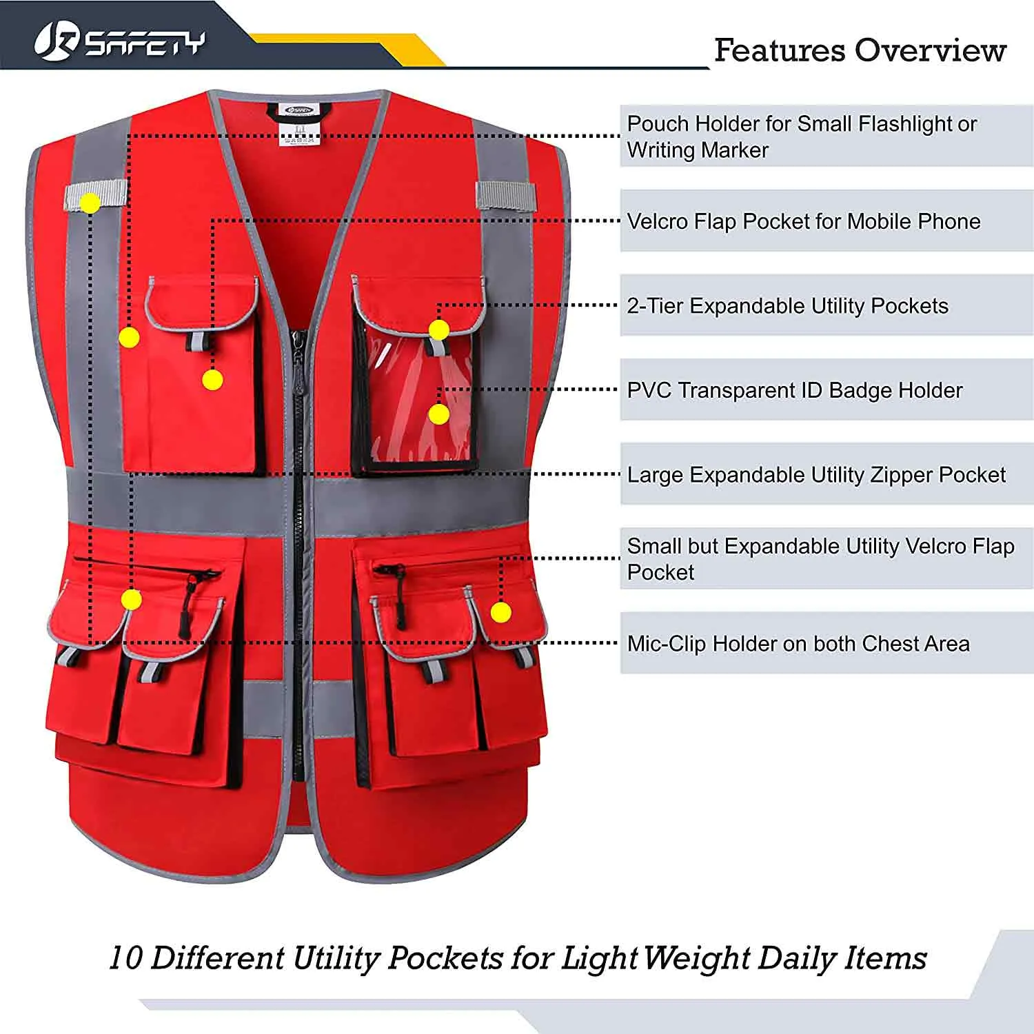 JKSafety 10 Pockets Hi-Vis Reflective Safety Vest (JK088)