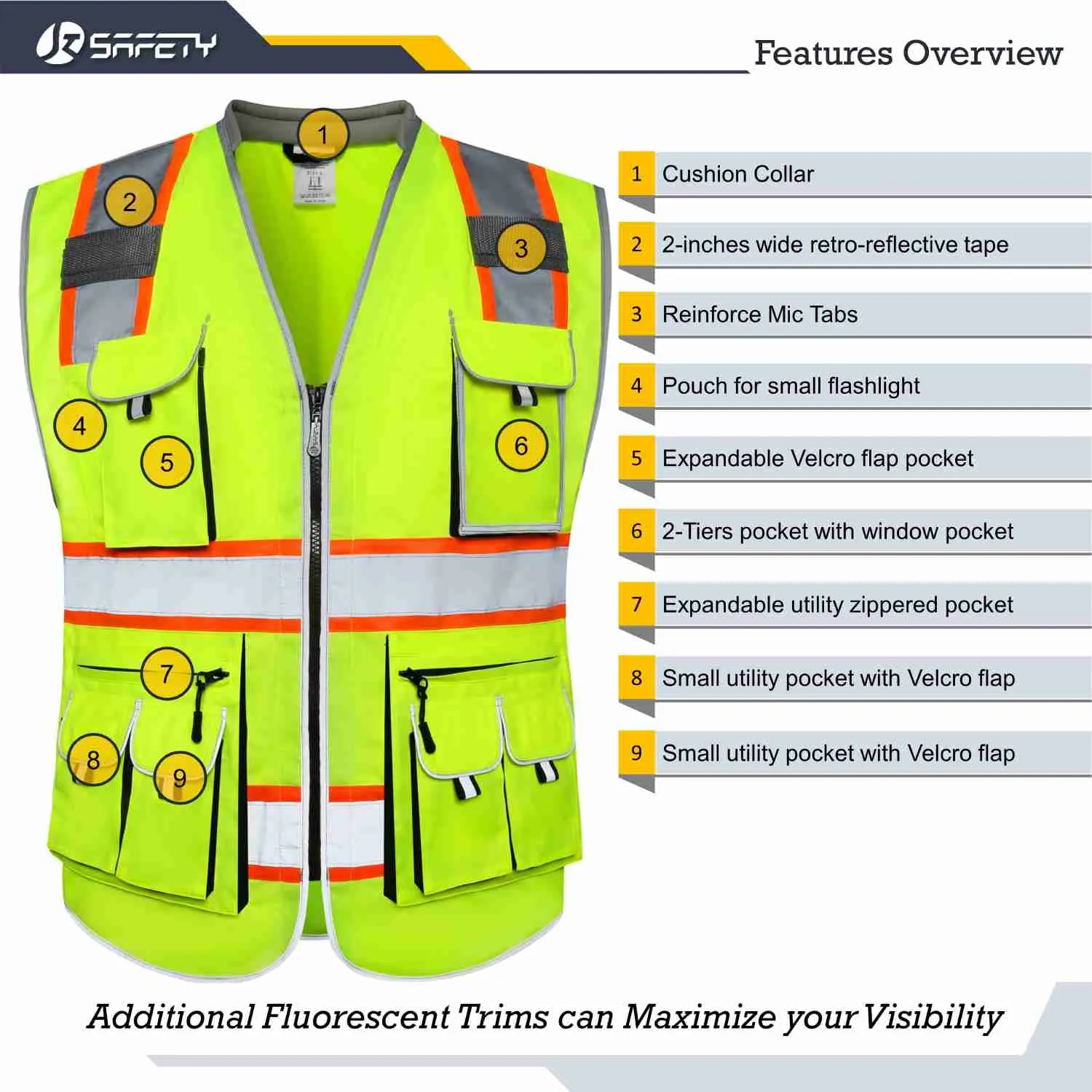 JKSafety 10 Pockets Two-Tone Hi-Vis Reflective Safety Vest (JK089)