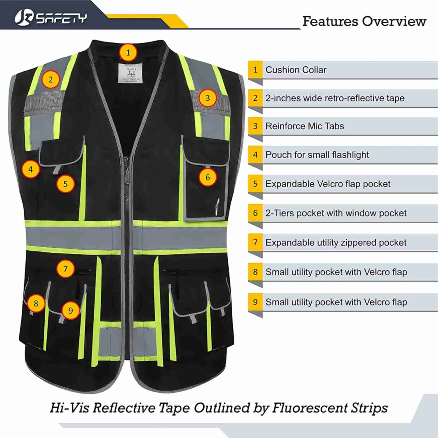 JKSafety 10 Pockets Two-Tone Hi-Vis Reflective Safety Vest (JK089)